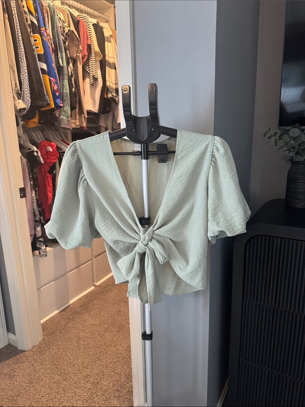 Altar'd State Sage Green Tie-Front Puff Sleeve Blouse
